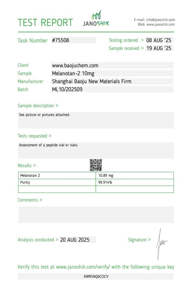 First page of the supplier certificate of analysis for MT-2 10mg