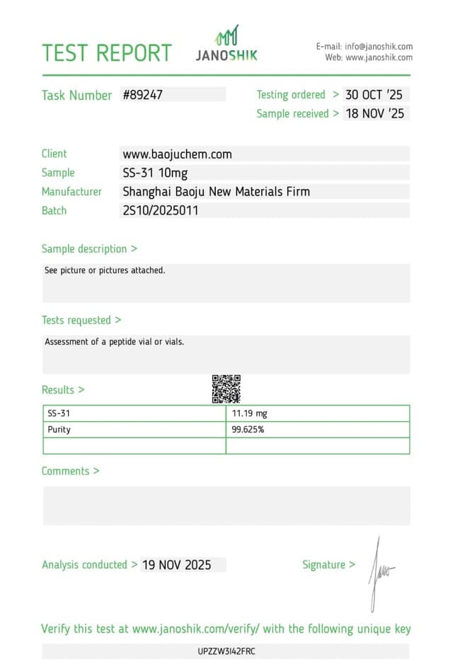 First page of the supplier certificate of analysis for SS-31 10mg