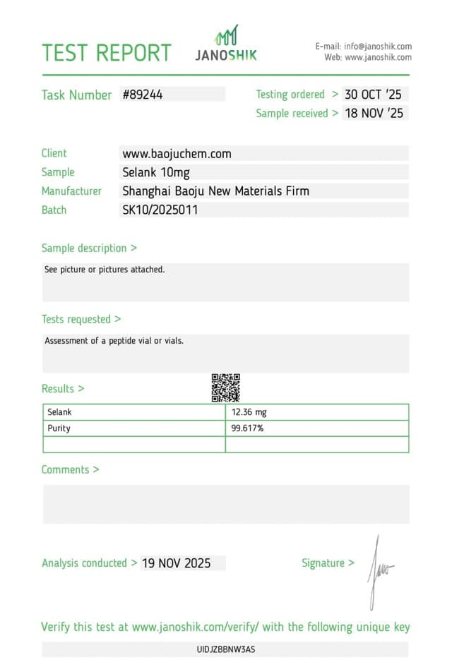 First page of the supplier certificate of analysis for Selank 10mg