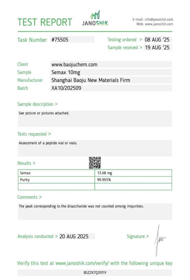 First page of the supplier certificate of analysis for Semax 10mg