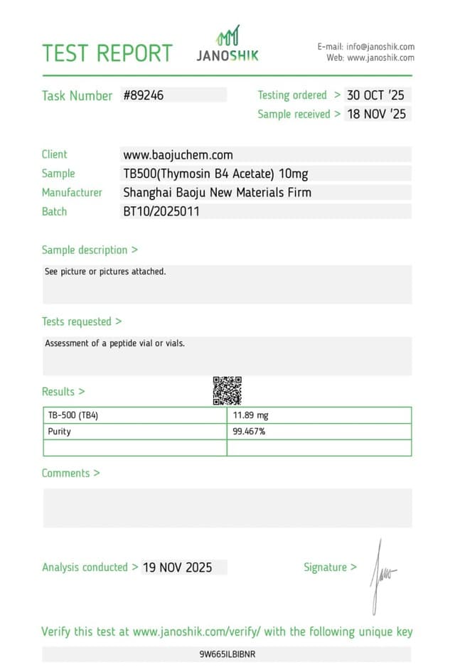 First page of the supplier certificate of analysis for TB-500 10mg
