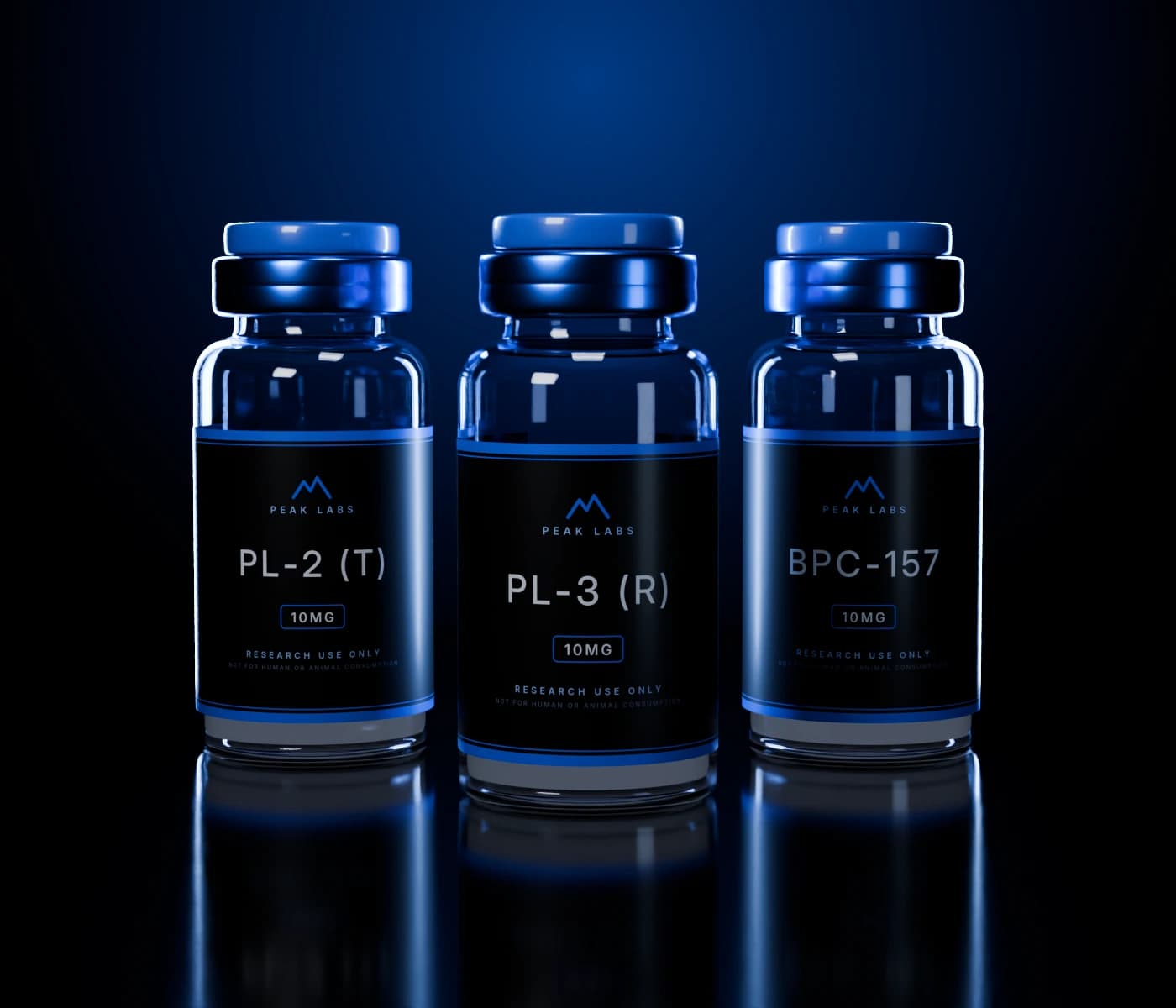 Three Peak Labs research vials: PL-2 (T), PL-3 (R) and BPC-157